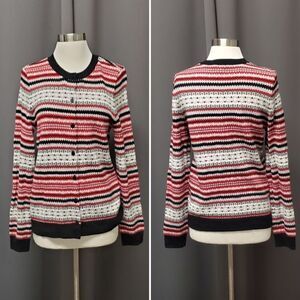 Talbots Lambswool Blend Striped Cardigan Button Up Knit Fair Isle Apres Sweater